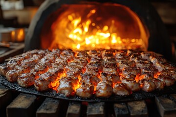 Meat cooking inside traditional clay kozhan oven with glowing embers