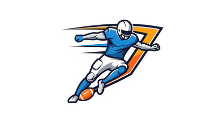 Obraz premium Dynamic illustration of an American football player in a blue uniform kicking a football with a stylized orange 'J' logo in the background, depicting speed and action.