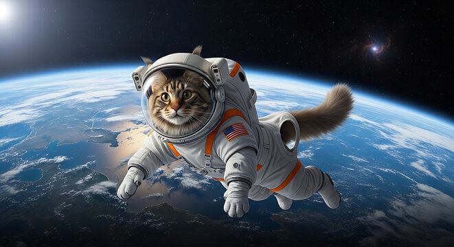 A cute tabby cat in an astronaut suit floats in space above Earth, with stars in the dark sky.