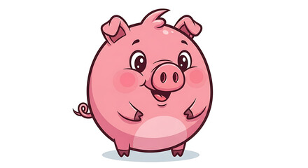 Fototapeta premium A cute, happy, and round pink cartoon pig with a cheerful smile standing on a white background.