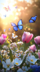 Vibrant Garden in Full Bloom with Butterflies and Colorful Flowers. Beautiful garden scene with blooming tulips, butterflies, and soft sunlight.