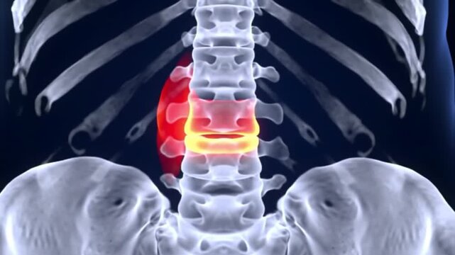 Animated Spine Showing Lumbar Vertebrae and Rib Cage with Red Highlighted Area