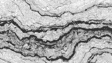 Black and white topographic map contour lines showing mountain terrain and valleys abstract background