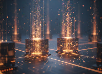 Dynamic digital data streams erupting from glowing futuristic cubes on circuit board