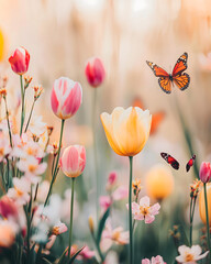 Beautiful Spring Garden with Tulips and Butterflies in Soft Sunlight. A breathtaking spring garden with vibrant tulips and butterflies in bloom.