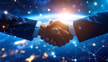 A handshake overlayed with a globe and connection lines, symbolizing global partnership and collaboration