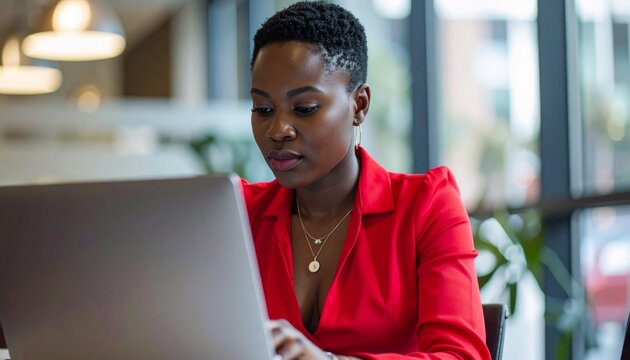 a black business woman with short hair wearing a red blouse top focusing intensely on her laptop computer in the office