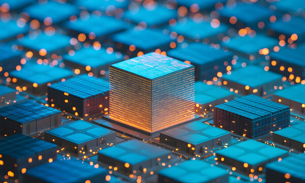 Futuristic digital grid with glowing central processor powering innovation and data flow