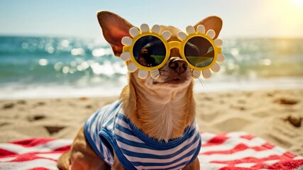 A laid back dog wearing trendy sunglasses lounges on a beach towel on the sandy shore, perfectly embodying the concept of carefree leisure time ideal for promoting outdoor brands or summer.