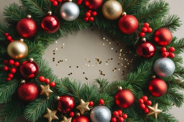 Christmas Wreath with Red and Gold Ornaments