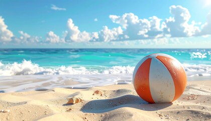 A beach ball sits on a sandy beach near a vibrant turquoise ocean beneath a sky filled with fluffy white clouds