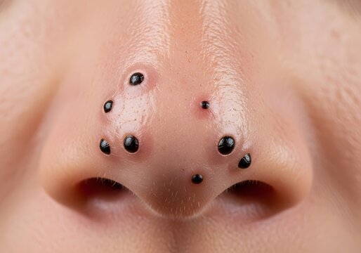 Extreme close-up of a nose with large pores and blackheads (open comedones). Dark, oxidized sebum is visible in this hyper-realistic, unretouched skin texture shot.