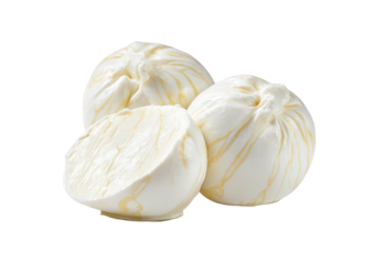 Three creamy white cheese balls, one cut open