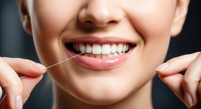 Smiling woman demonstrates dental hygiene by flossing teeth, showcasing bright smile and healthy gums in a close-up portrait with soft lighting