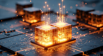 Dynamic network data flow with glowing digital cubes and circuit board