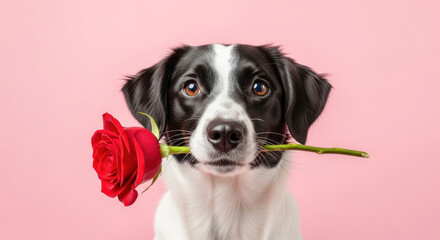 Playful dog holding a red rose in its mouth against a soft pink background, showcasing a charming and affectionate pet moment