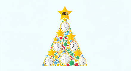 Merry Christmas tree with gifts, holiday decoration and star ornament for a greeting card design illustration
