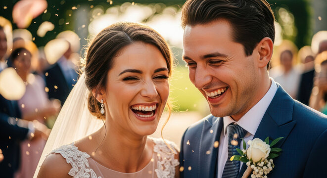 Joyful bride and groom laughing together during outdoor wedding ceremony, surrounded by guests and soft sunlight, capturing a moment of happiness