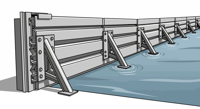 Flood barrier with metal supports protecting against rising water level.