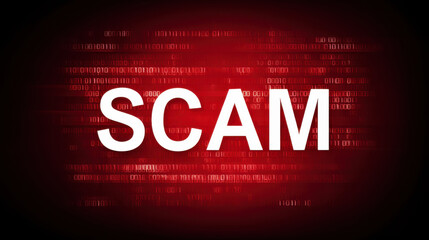 A striking visual highlighting the concept of a scam against a bold red background, conveying urgency and concern.