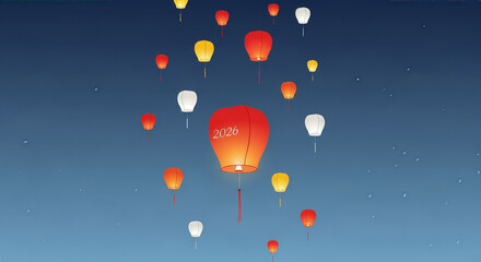 Red and yellow hot air balloons fly high in the blue sky for a fun celebration