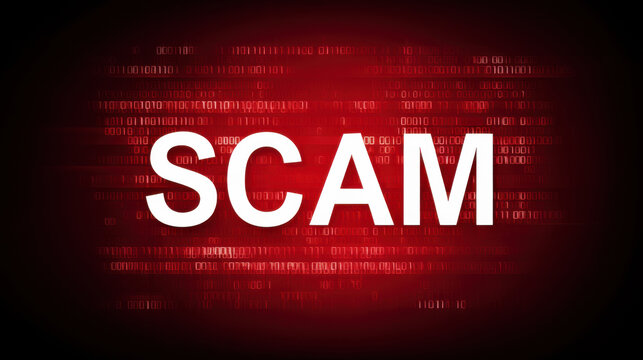 A striking visual highlighting the concept of a scam against a bold red background, conveying urgency and concern.