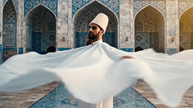 Whirling Dervish in White Robes Performing a Sufi Ceremony