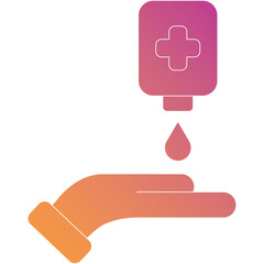 Graphic illustration of hand sanitizer dispenser dripping liquid onto an open palm with a cross symbol on the dispenser against a white background