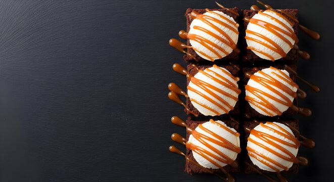 Indulgent chocolate brownies topped with creamy ice cream and caramel drizzle