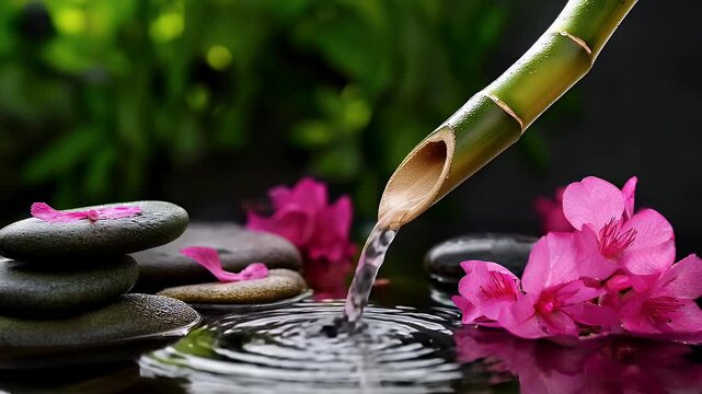 Zen water feature bamboo fountain with pink flowers and smooth black stones
