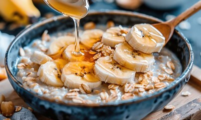 Oatmeal bowl with banana and honey drizzle healthy breakfast food still life