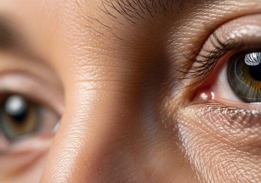 Extreme close-up of crow's feet wrinkles around the outer corner of an eye, with visible skin texture. - Powered by Adobe