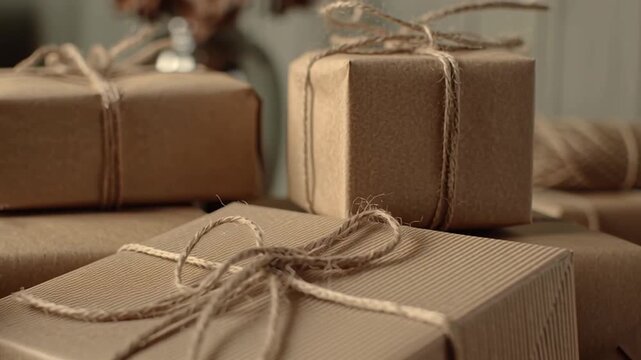 Eco friendly Christmas decoration featuring natural brown paper wrapped gifts tied with rustic twine wooden surface creating warm festive holiday