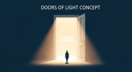 Business concept silhouette of a successful businessman walking through a dark doorway towards the light of an open room opportunity