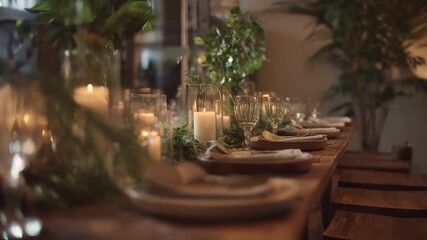 Eco friendly Christmas decoration with candle, glass, greenery on wooden table creating warm festive atmosphere for celebration and cozy holiday vibes