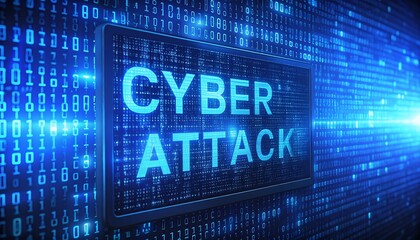 A glowing blue "Cyber Attack" message stands out from a background of binary code, suggesting digital security threats