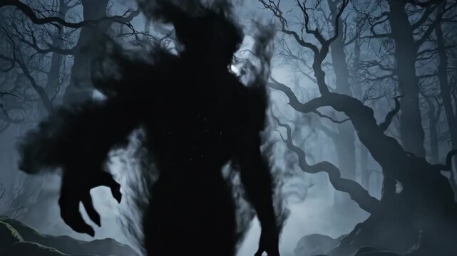 Sinister beastly figure materializes in a foggy supernatural woodland.