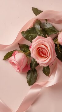 Vertical video: Entering leaf tip, roses and leaves aligning on pink table, framing satin ribbon