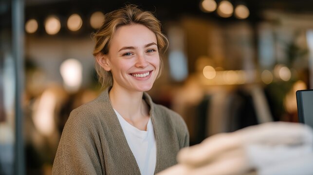 Customer smiling as they receive freshly cleaned clothing from a friendly staff member in a bright, modern reception area — human-centered and service-oriented visual highlighting hospitality,
