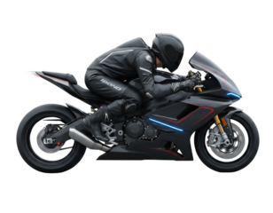 Dynamic Side View of Motorcyclist in Black Gear on Sleek Motorcycle, isolated on white background