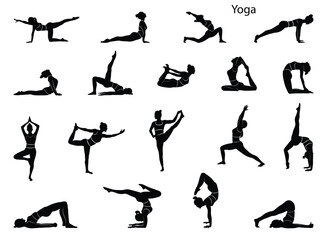 Set of silhouettes of women doing yoga in different poses. Healthy exercise. Vector illustration.