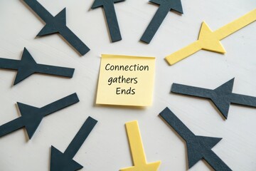 Arrows pointing to a central sticky note with a message of connection