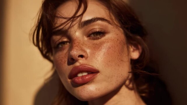 Close-up portrait of a freckled woman with full lips bathed in warm sunlight.