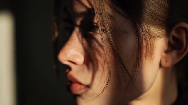 Close-up of a freckled young woman looking to the left, with dramatic shadow across half of her face.