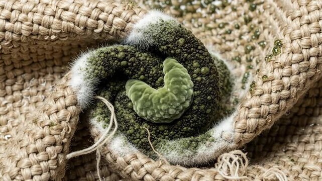 Timelapse of broccoli growth on woven fabric: organic evolution and texture contrast