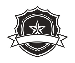 Black Shield Emblem with Star and Ribbon Banner Vector PNG