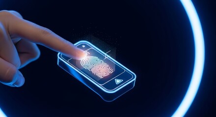 Fingerprint scanning on a futuristic smartphone with neon light.