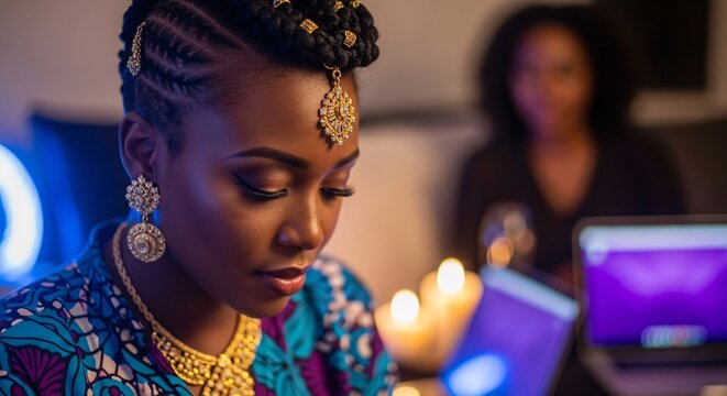 Elegant Woman Embracing Technology A Fusion of Tradition and Modernity in a Digital World Connected African Heritage and Innovation A Journey of Beauty and Culture