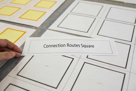 Connection Routes Square label on paper with a grid of planning layouts
