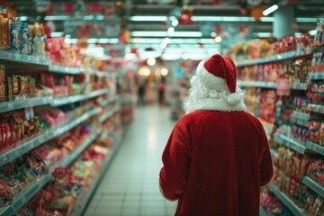Santa in a Red Suit Shopping in a Busy Supermarket Aisle During Christmas Season